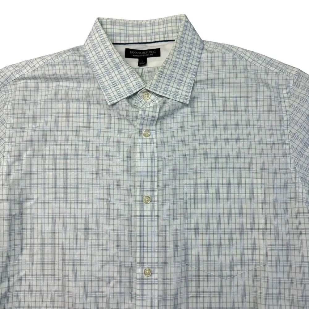 Banana Republic Shirt Men's Large White Blue Non Iron Classic Fit Button Up Top